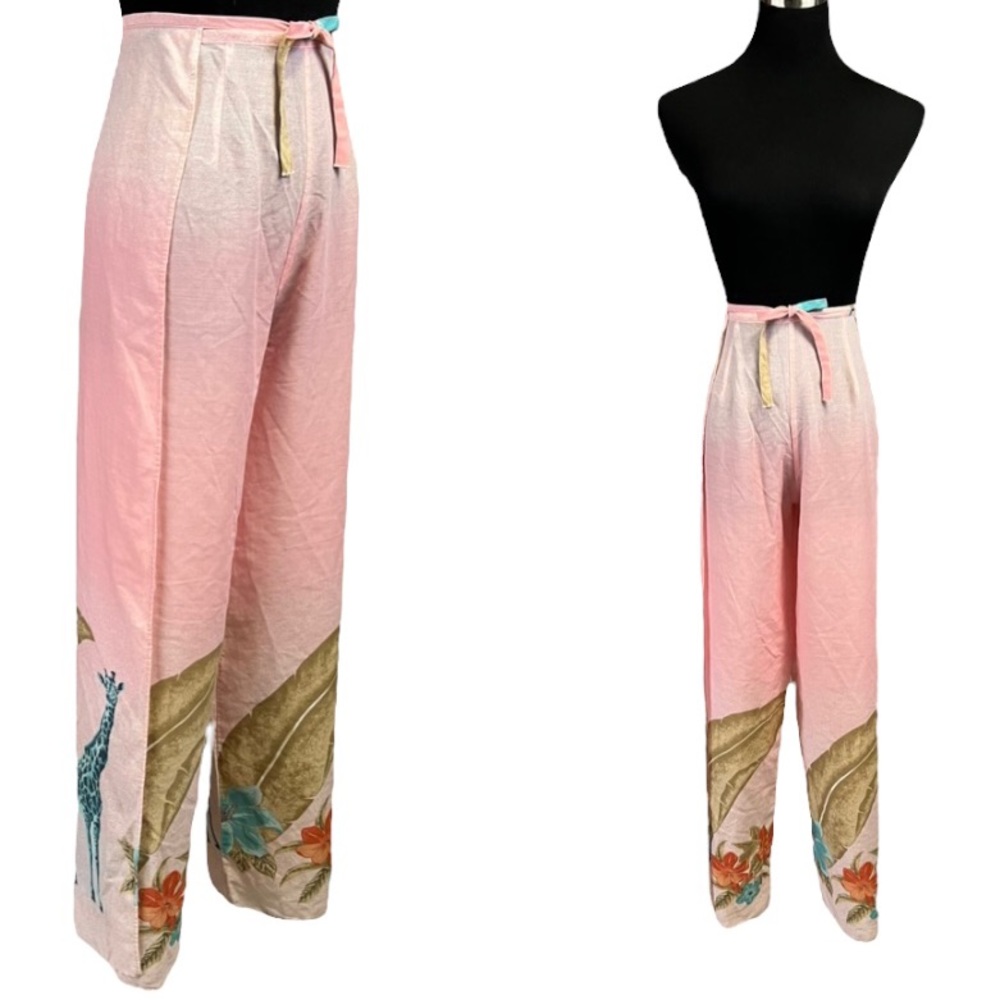 Vintage 80s Ombré Multi Color Floral Giraffe Novelty Print Tying Wrap Pants